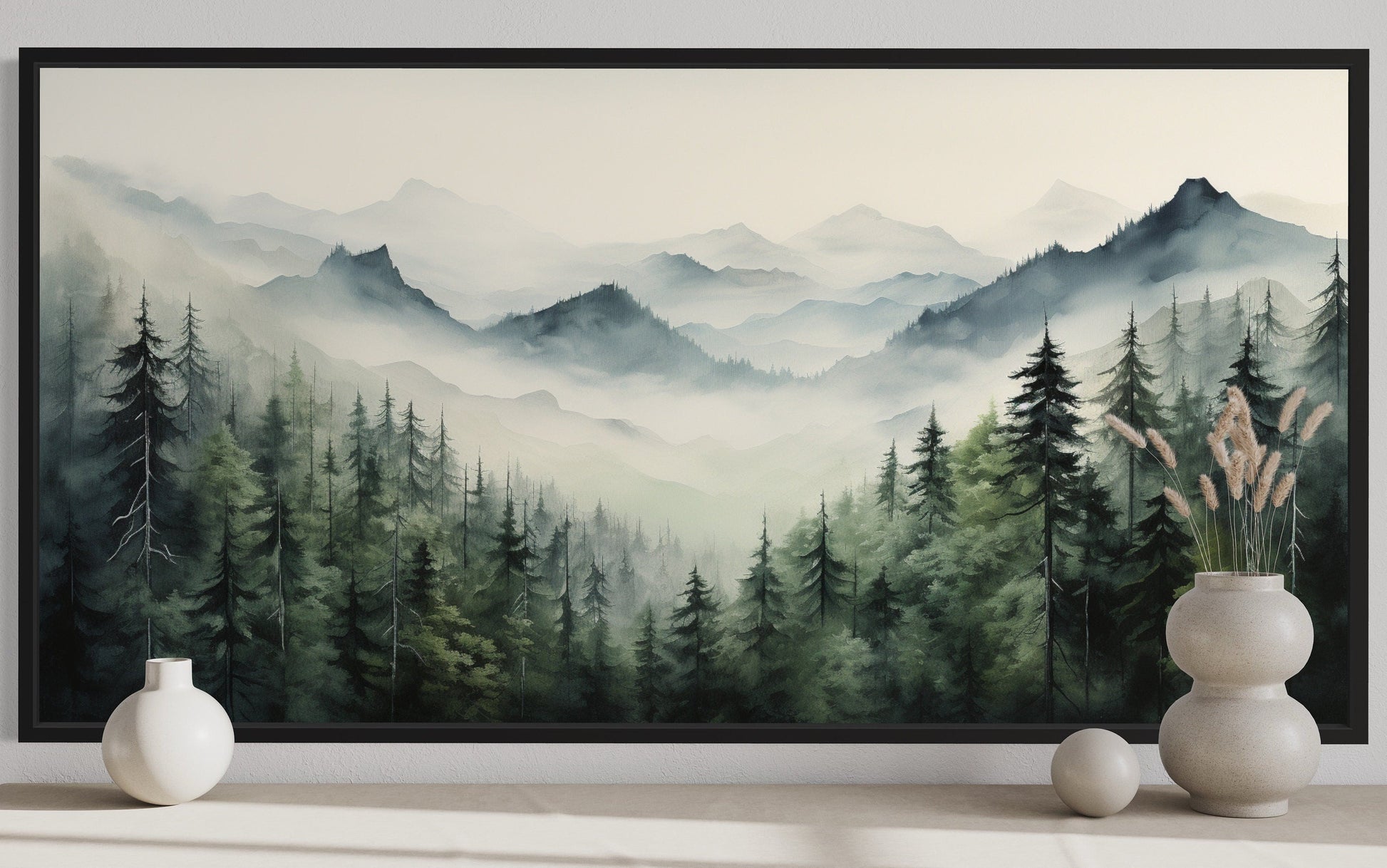Foggy Sage Green Forest Watercolor Framed Canvas Wall Art