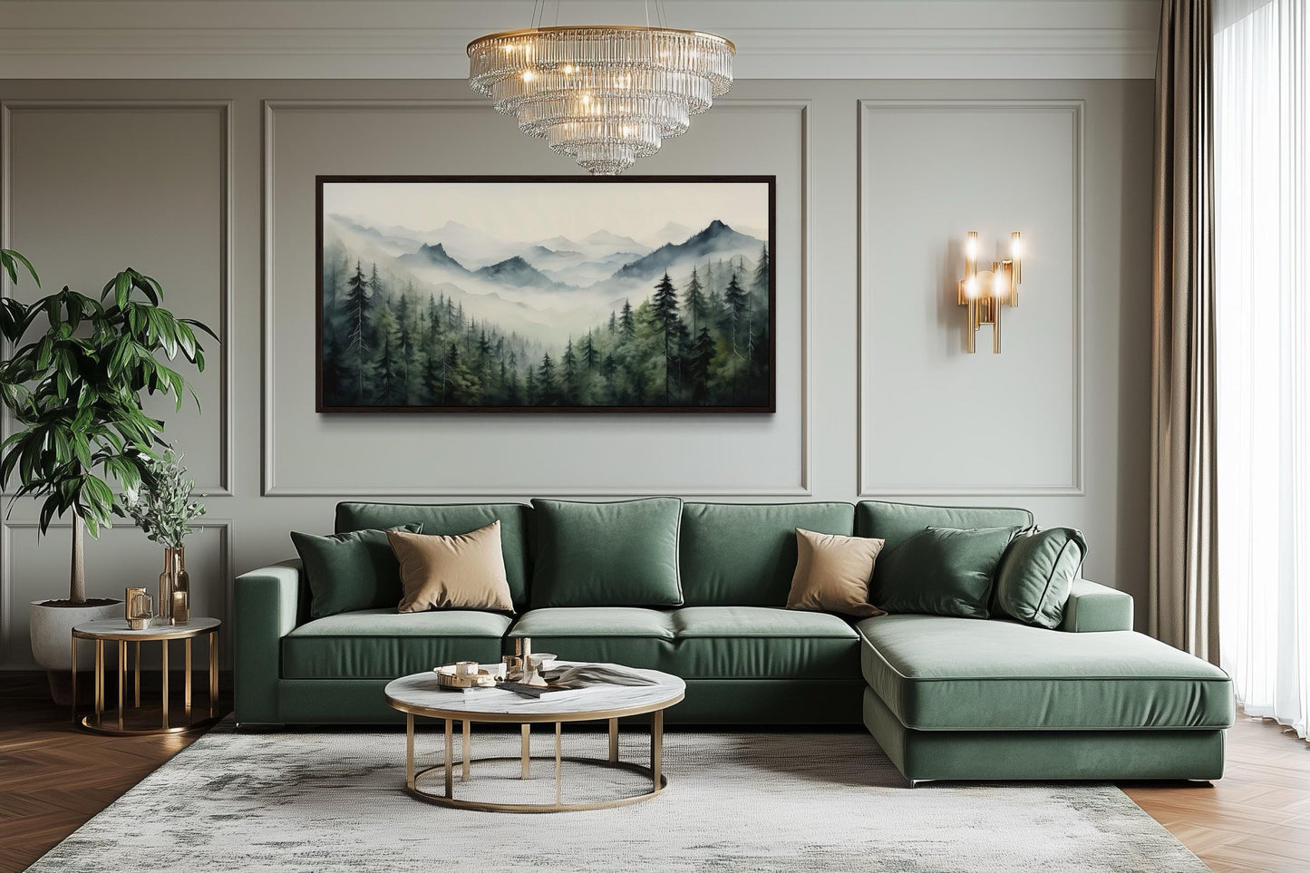 Foggy Sage Green Forest Watercolor Framed Canvas Wall Art