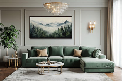Foggy Sage Green Forest Watercolor Framed Canvas Wall Art