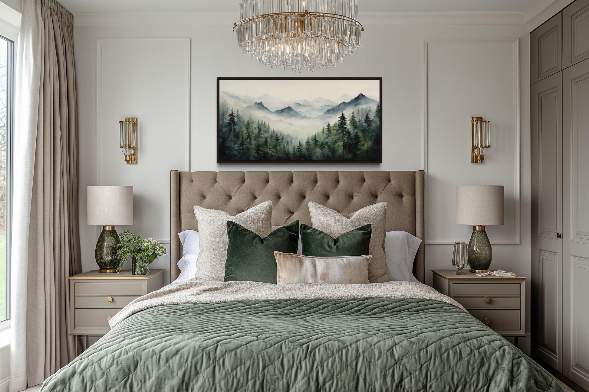 Foggy Sage Green Forest Watercolor Framed Canvas Wall Art