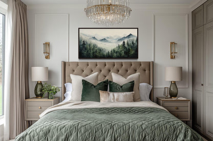 Foggy Sage Green Forest Watercolor Framed Canvas Wall Art