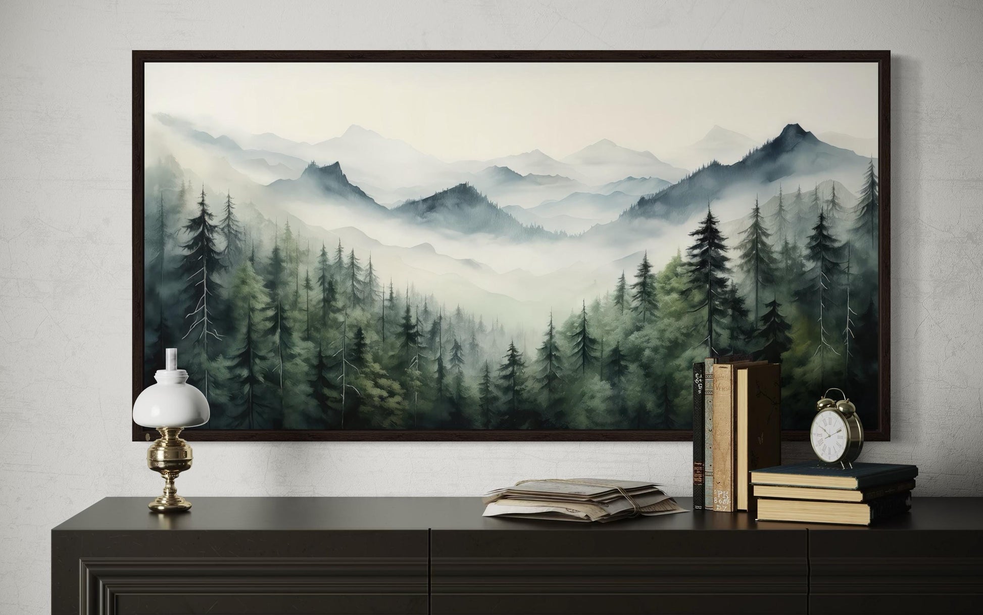 Foggy Sage Green Forest Watercolor Framed Canvas Wall Art
