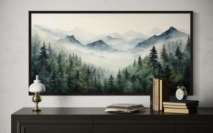 Foggy Sage Green Forest Watercolor Framed Canvas Wall Art