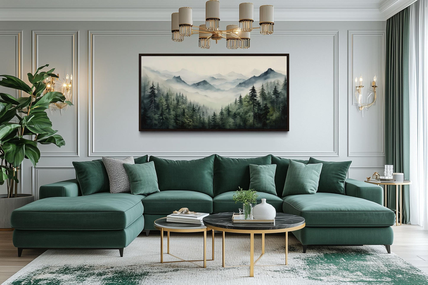 Foggy Sage Green Forest Watercolor Framed Canvas Wall Art