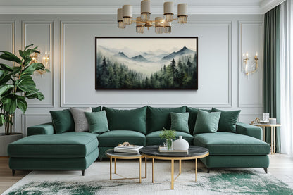 Foggy Sage Green Forest Watercolor Framed Canvas Wall Art