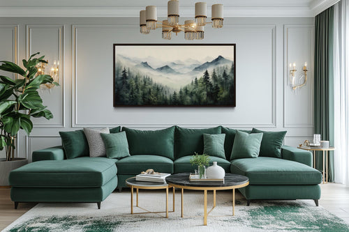 Foggy Sage Green Forest Watercolor Framed Canvas Wall Art