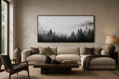 Foggy Forest Black White Minimalist Framed Canvas Wall Art