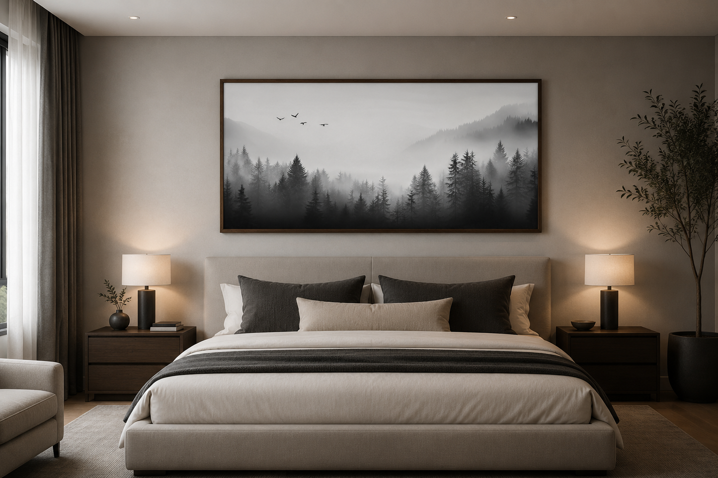 Foggy Forest Black White Minimalist Framed Canvas Wall Art