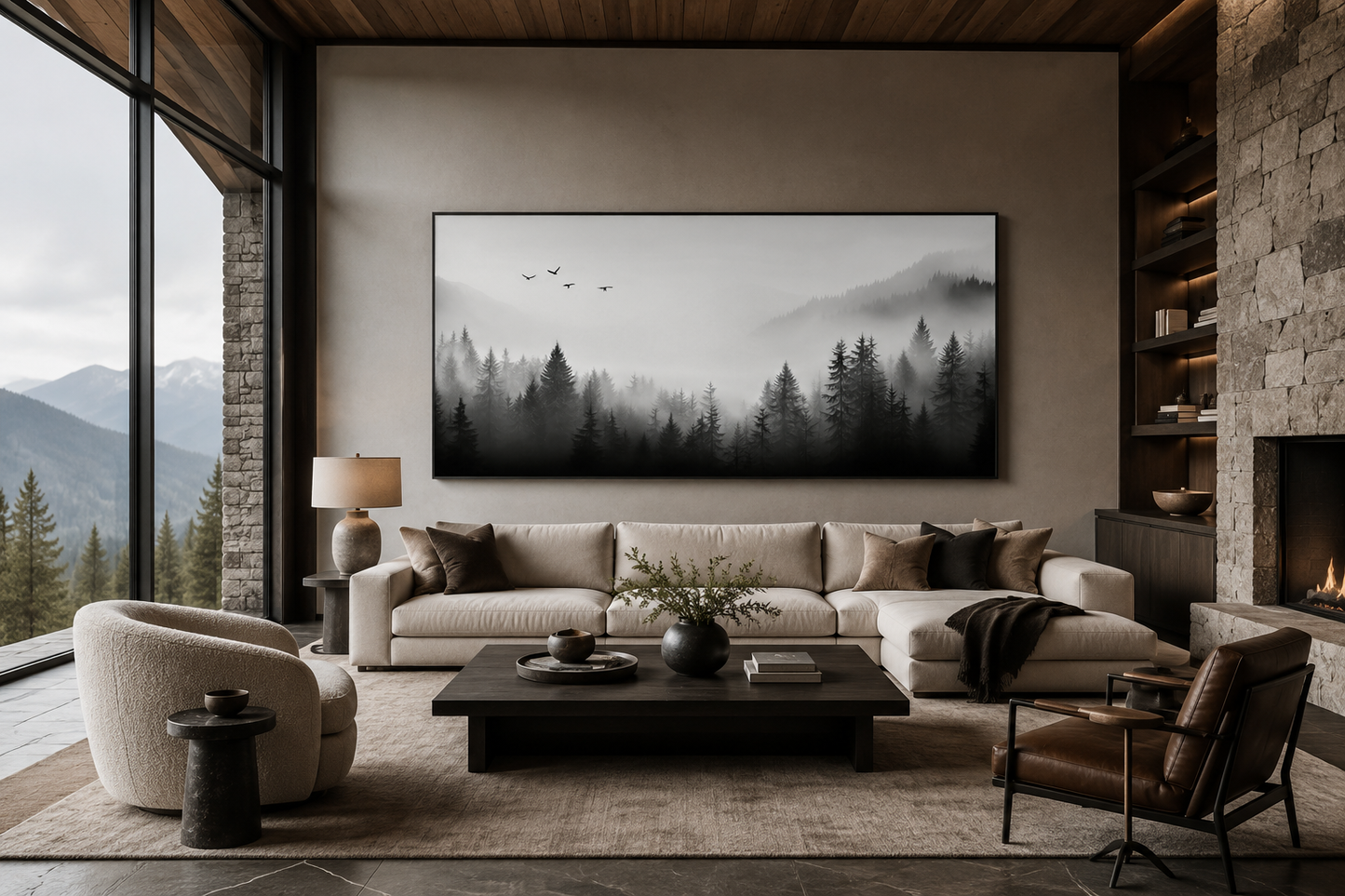 Foggy Forest Black White Minimalist Framed Canvas Wall Art