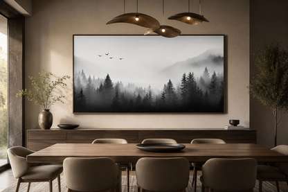 Foggy Forest Black White Minimalist Framed Canvas Wall Art