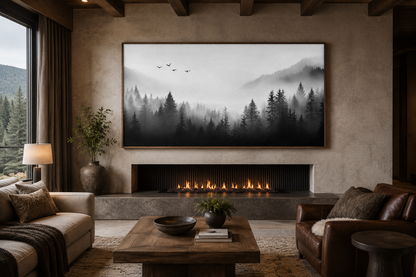 Foggy Forest Black White Minimalist Framed Canvas Wall Art