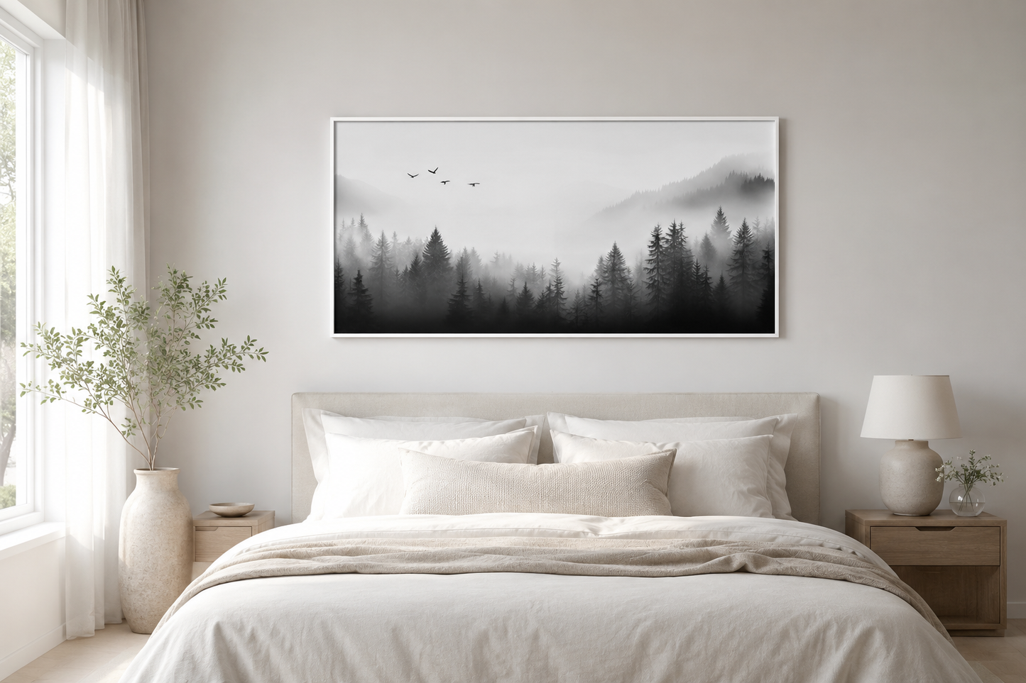 Foggy Forest Black White Minimalist Framed Canvas Wall Art