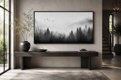 Foggy Forest Black White Minimalist Framed Canvas Wall Art