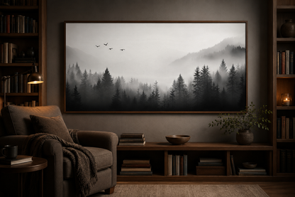 Foggy Forest Black White Minimalist Framed Canvas Wall Art