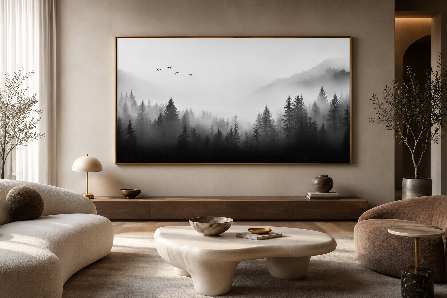 Foggy Forest Black White Minimalist Framed Canvas Wall Art