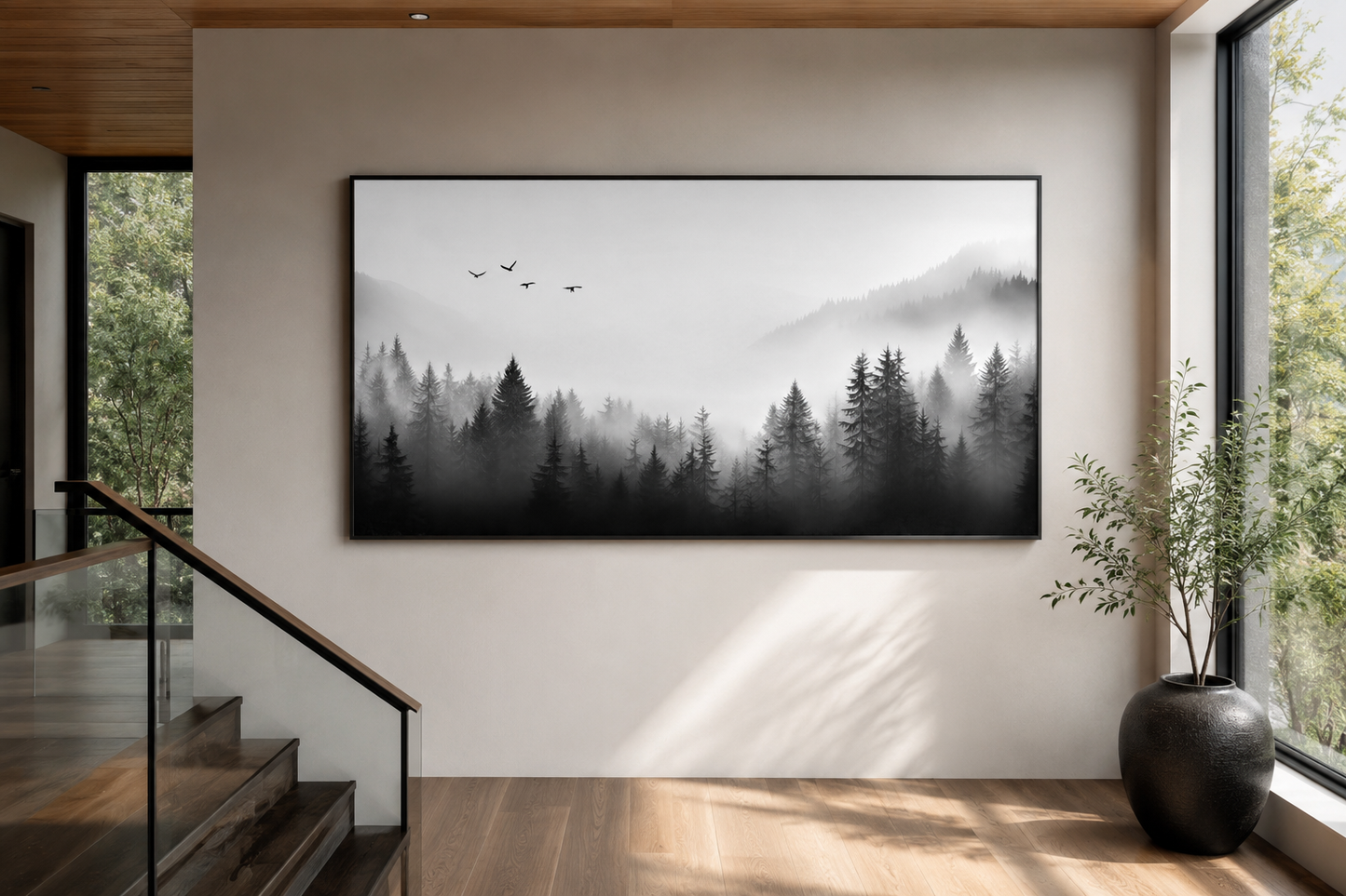Foggy Forest Black White Minimalist Framed Canvas Wall Art