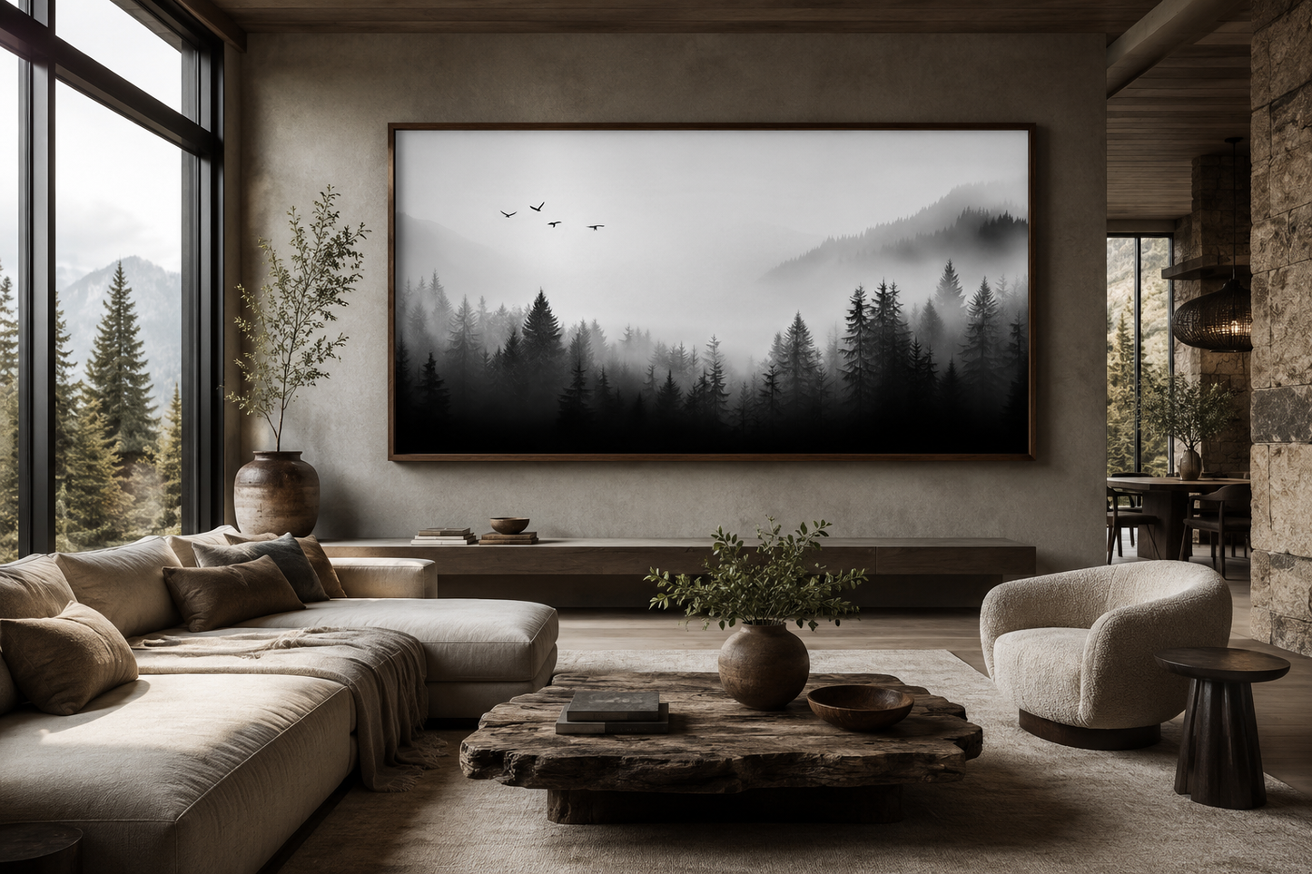 Foggy Forest Black White Minimalist Framed Canvas Wall Art