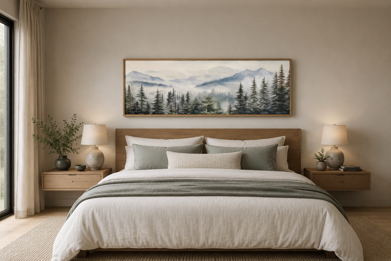 Foggy Forest Sage Green Long Horizontal Above Bed Wall Art