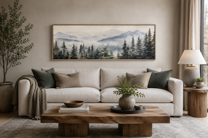Foggy Forest Sage Green Long Horizontal Above Bed Wall Art