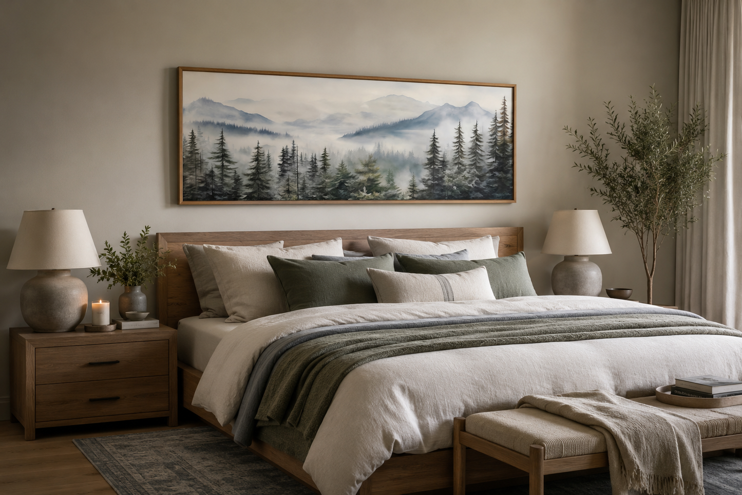 Foggy Forest Sage Green Long Horizontal Above Bed Wall Art