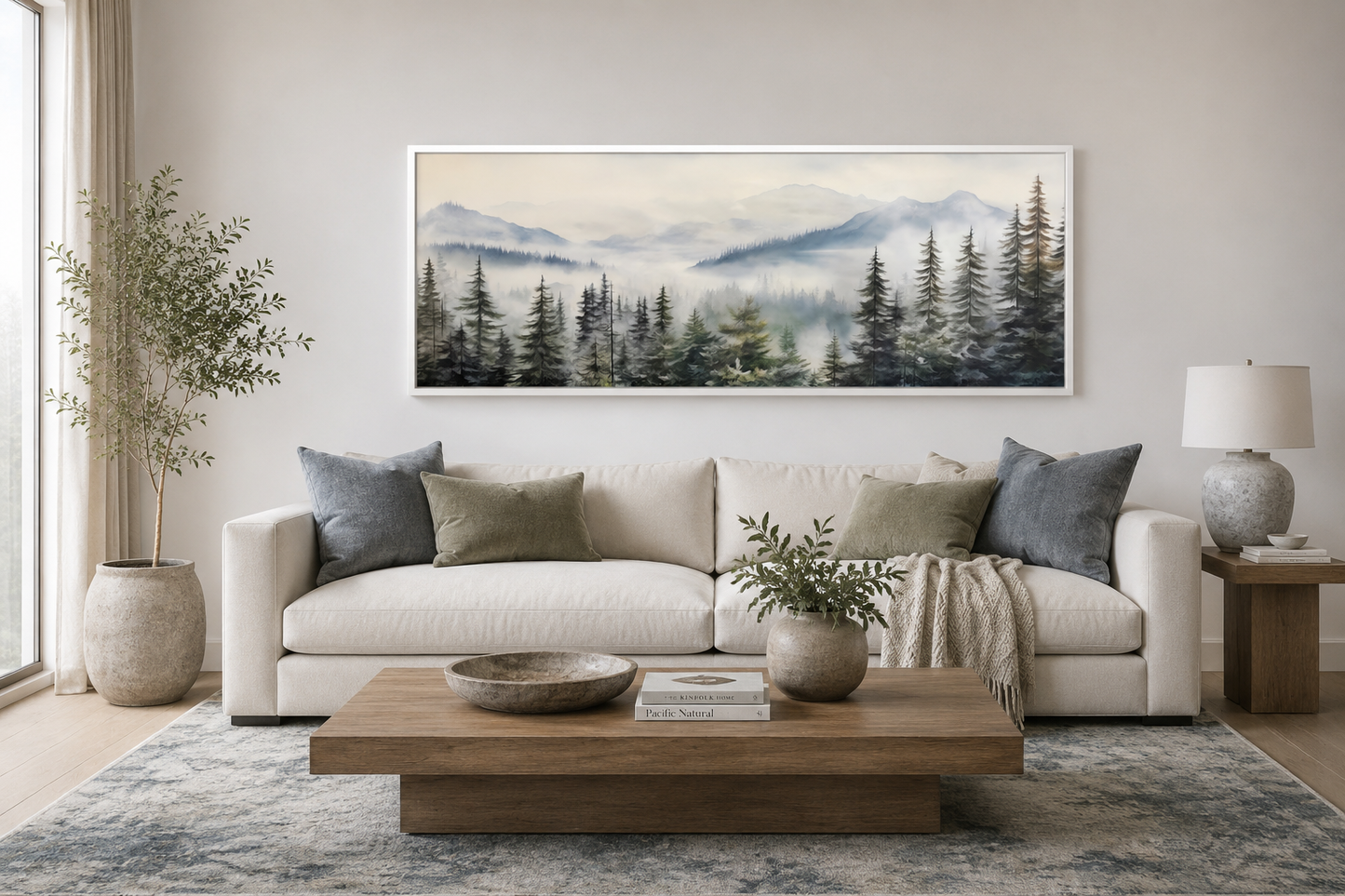 Foggy Forest Sage Green Long Horizontal Above Bed Wall Art