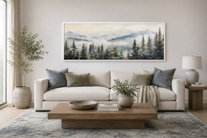 Foggy Forest Sage Green Long Horizontal Above Bed Wall Art