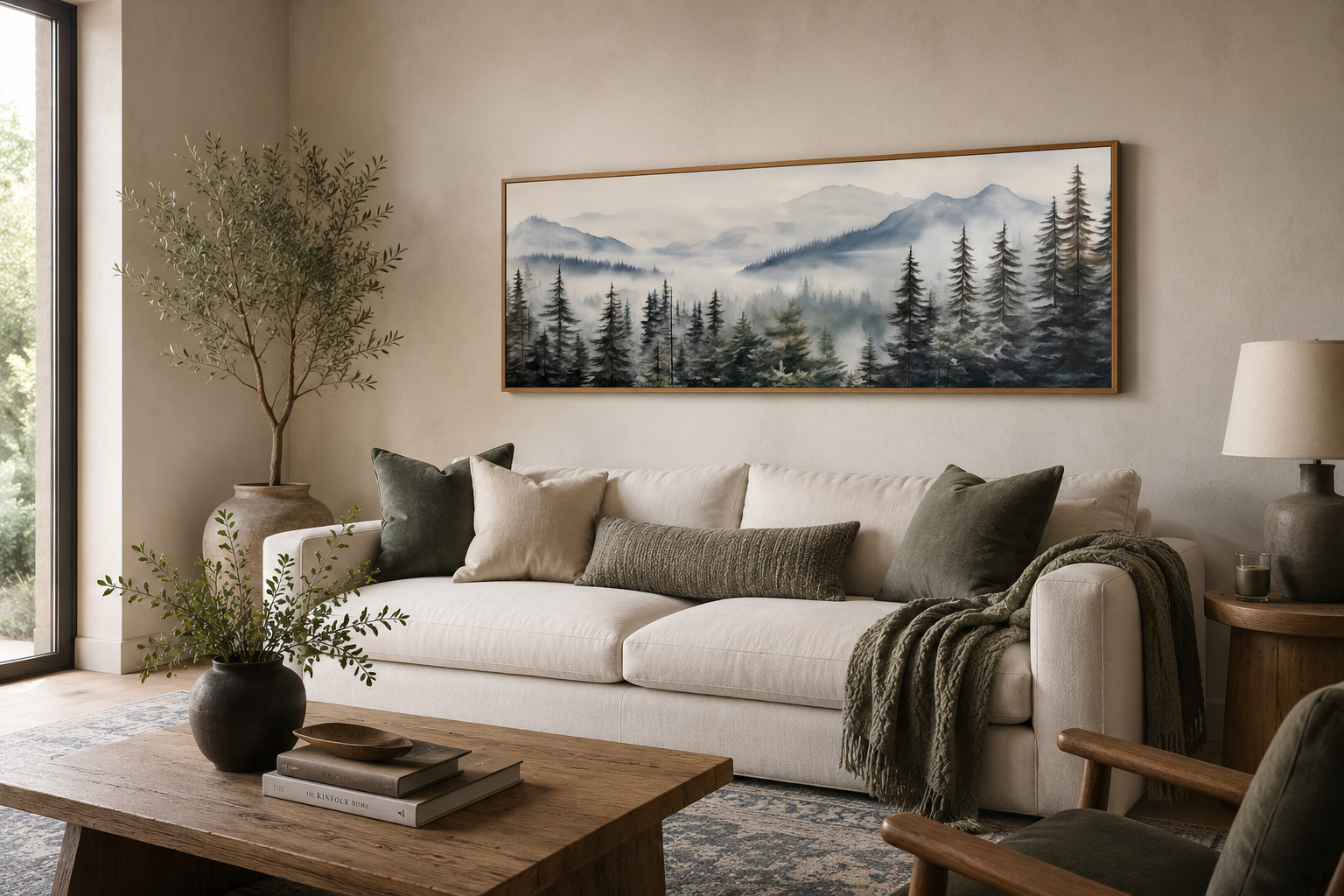 Foggy Forest Sage Green Long Horizontal Above Bed Wall Art