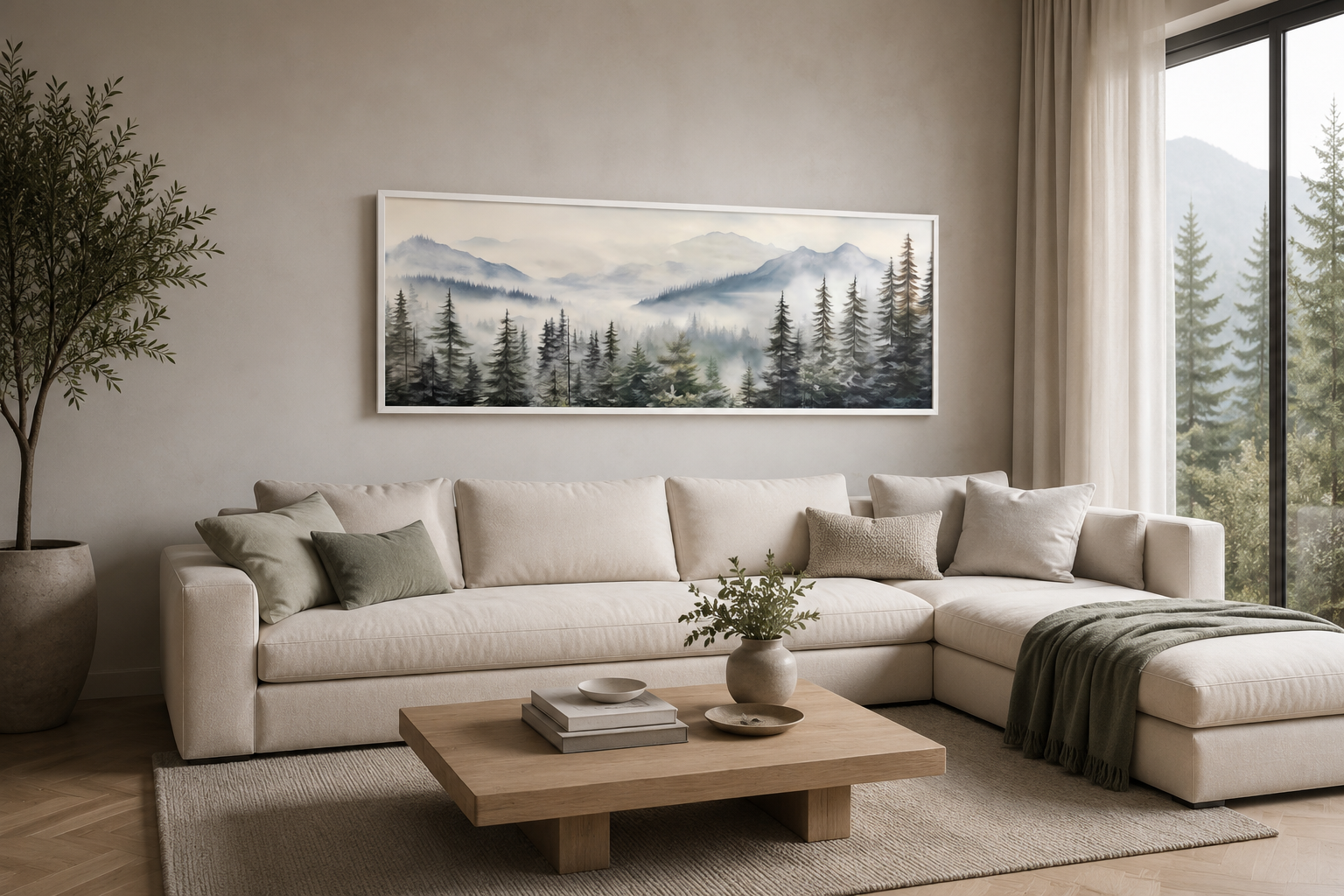 Foggy Forest Sage Green Long Horizontal Above Bed Wall Art