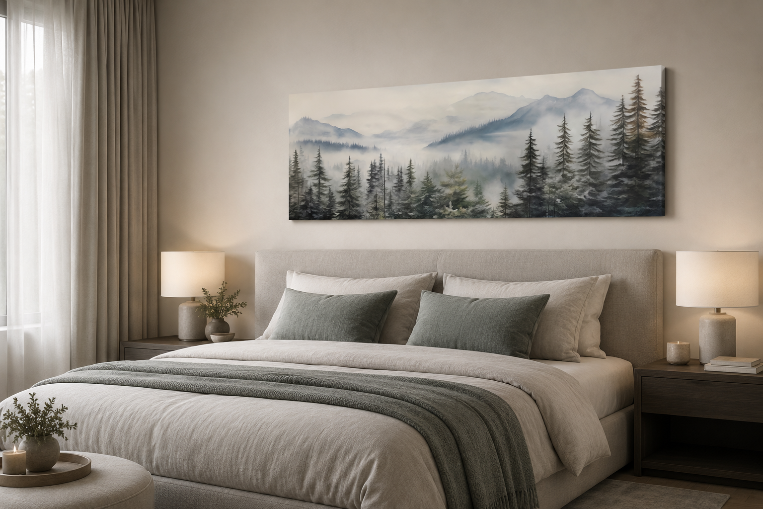 Foggy Forest Sage Green Long Horizontal Above Bed Wall Art