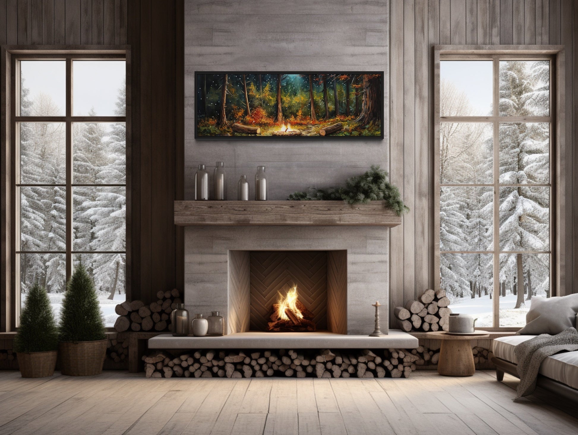 Forest Campfire Cozy Cabin Above Fireplace Mantel Wall Art
