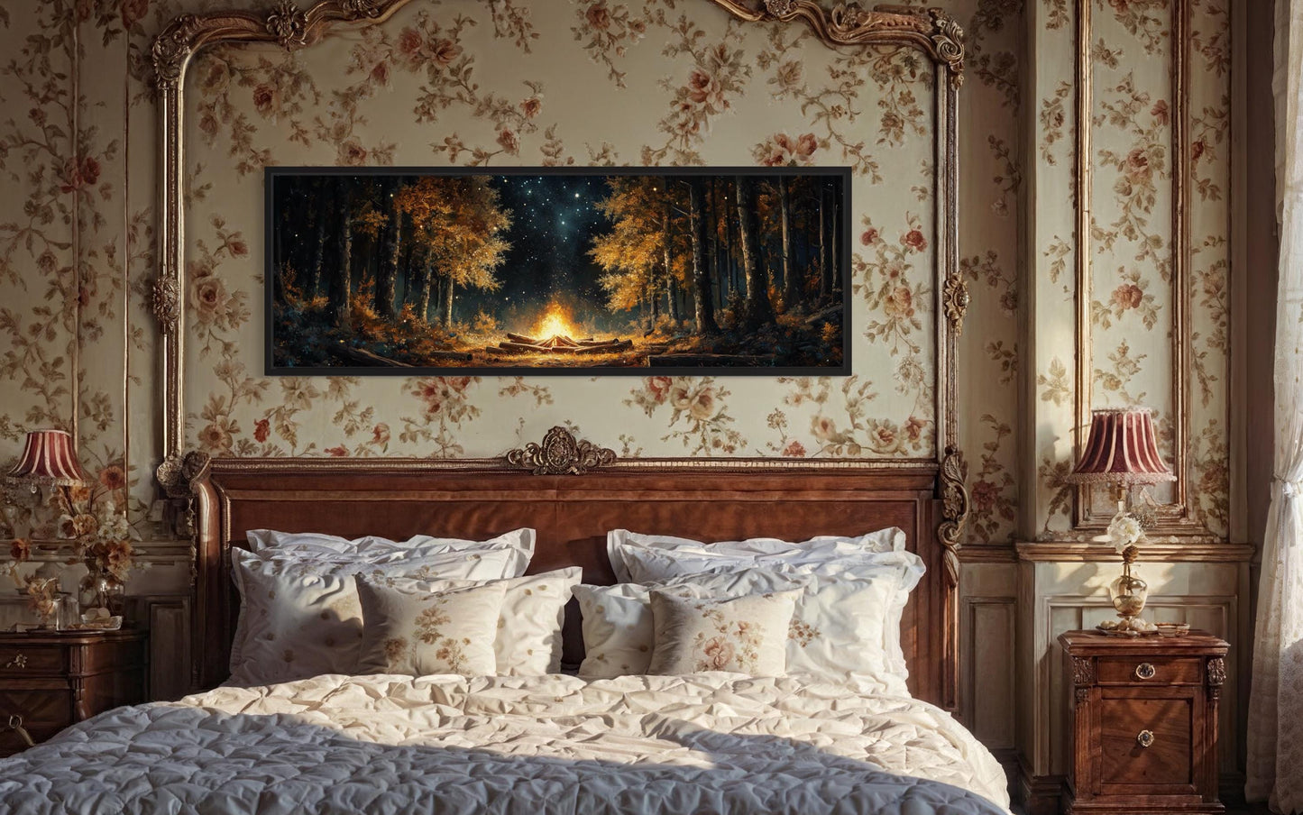 Forest Campfire Long Horizontal Wall Art For Cabin Decor