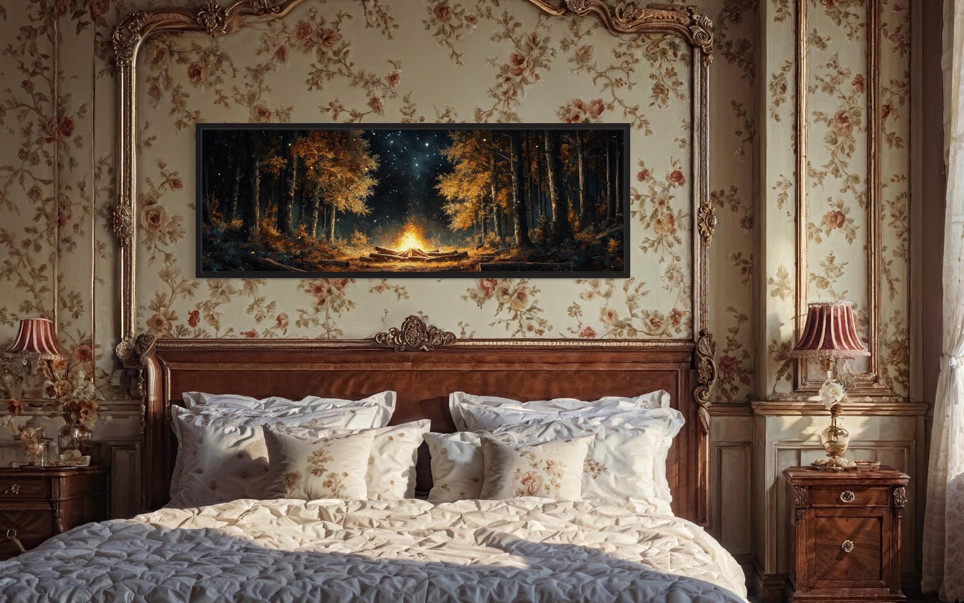 Forest Campfire Long Horizontal Wall Art For Cabin Decor
