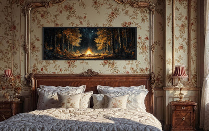 Forest Campfire Long Horizontal Wall Art For Cabin Decor
