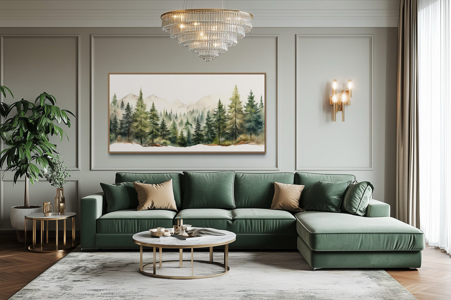 Forest Mountain Wall Art – Framed Canvas Sage Green Landscape for Rustic Decor