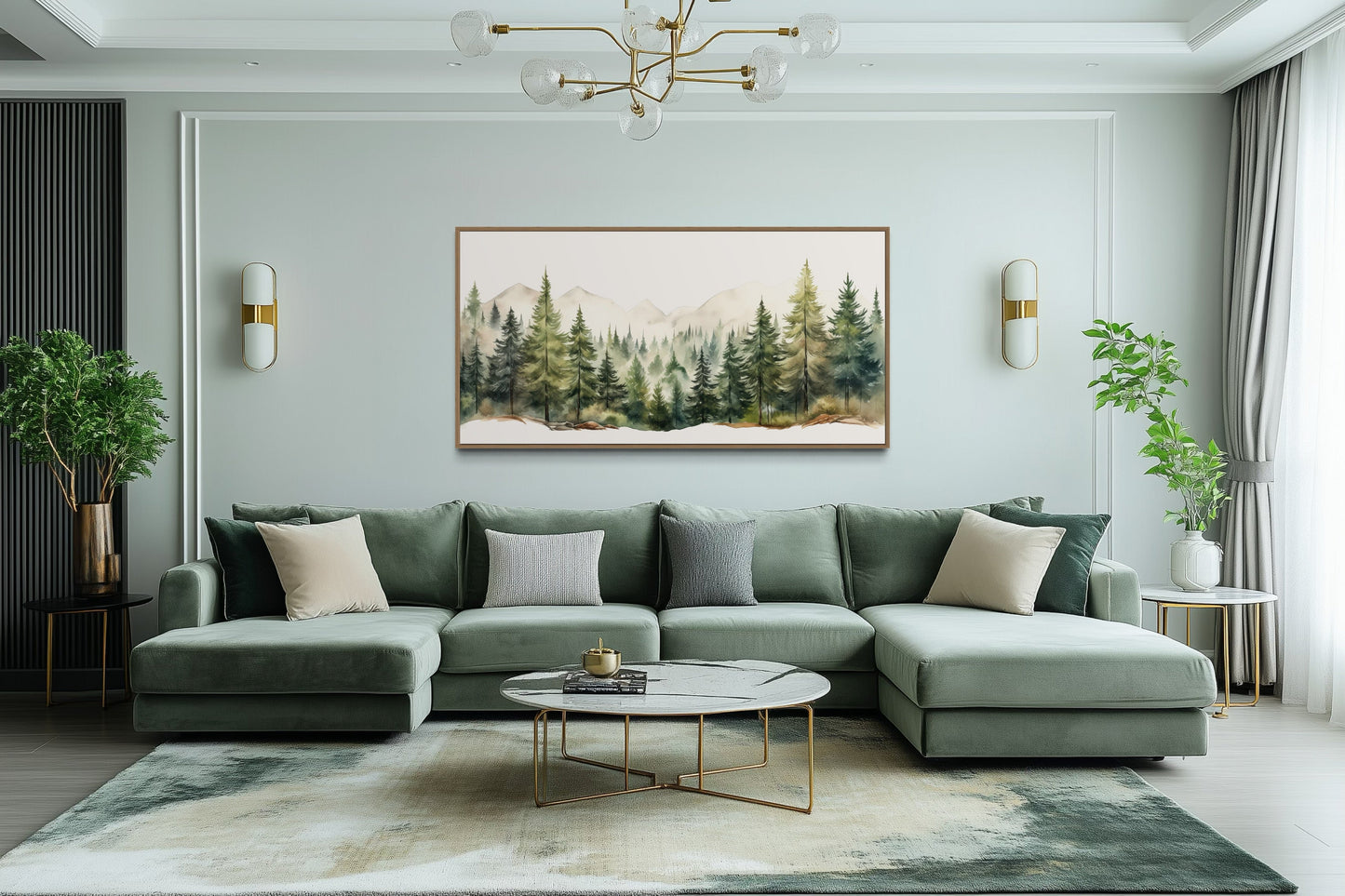 Forest Mountain Wall Art – Framed Canvas Sage Green Landscape for Rustic Decor