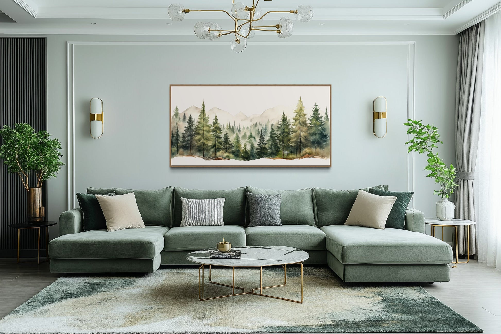 Forest Mountain Wall Art – Framed Canvas Sage Green Landscape for Rustic Decor