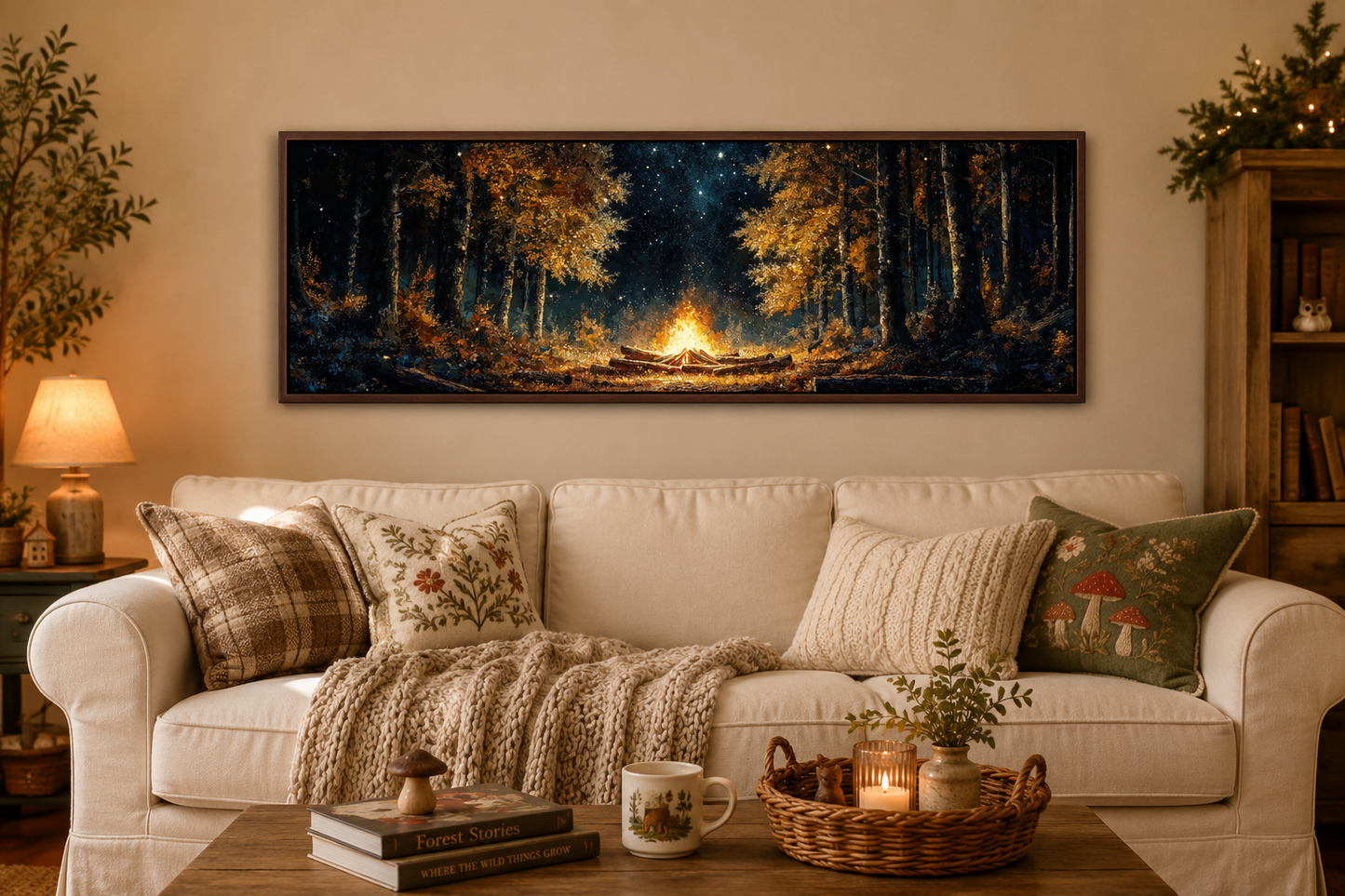 Forest Campfire Long Horizontal Wall Art For Cabin Decor
