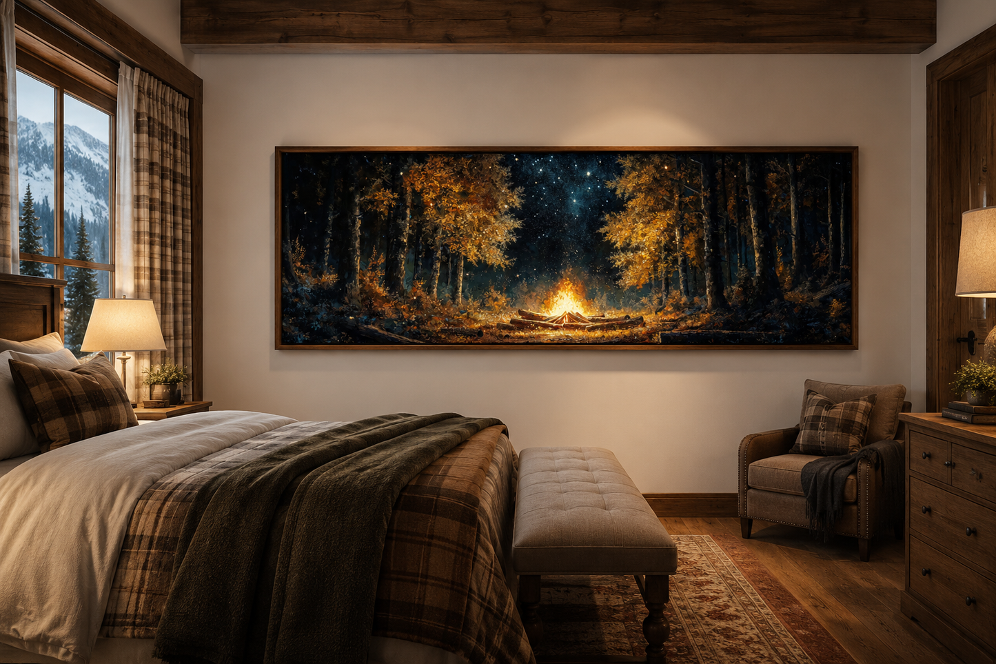 Forest Campfire Long Horizontal Wall Art For Cabin Decor
