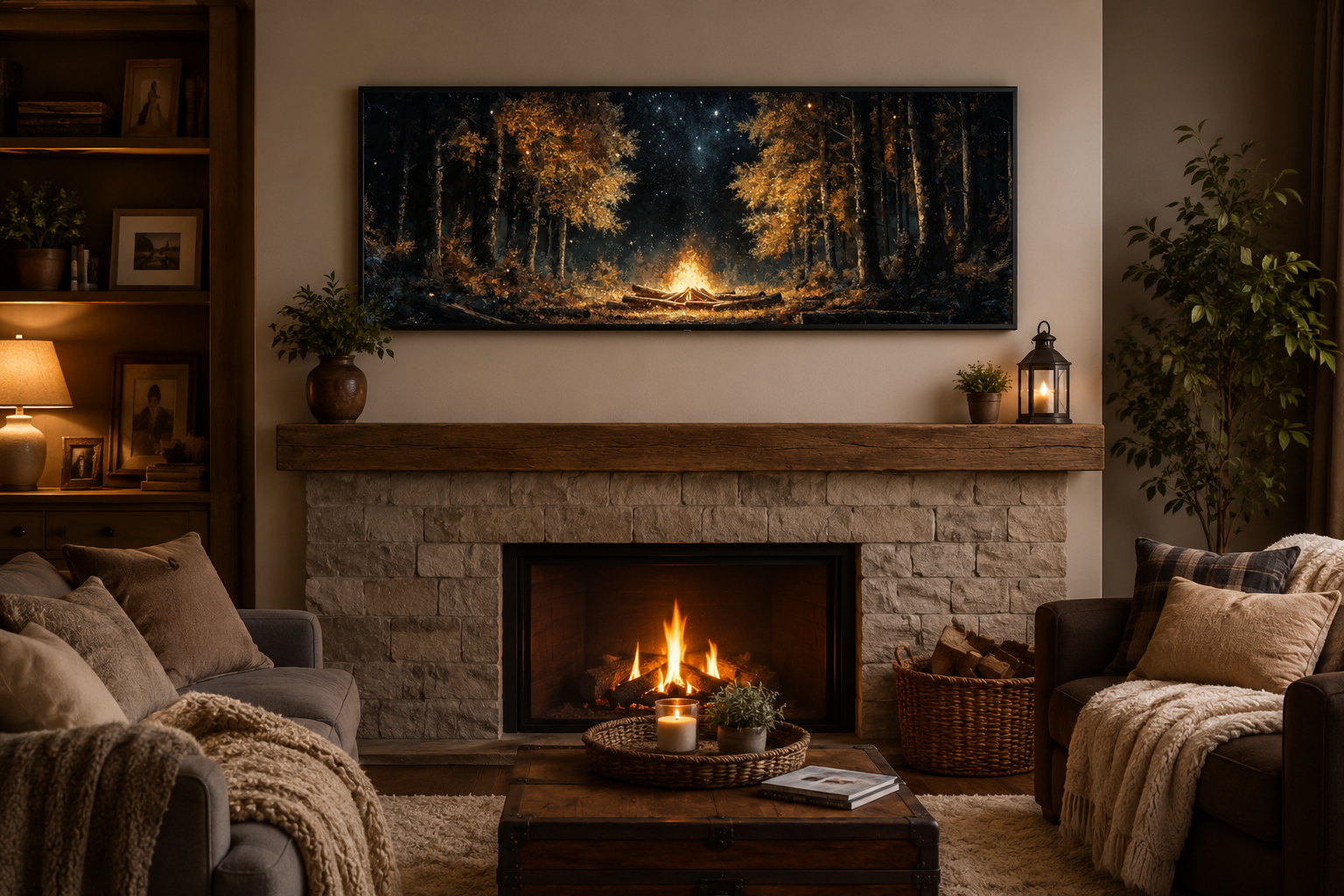 Forest Campfire Long Horizontal Wall Art For Cabin Decor