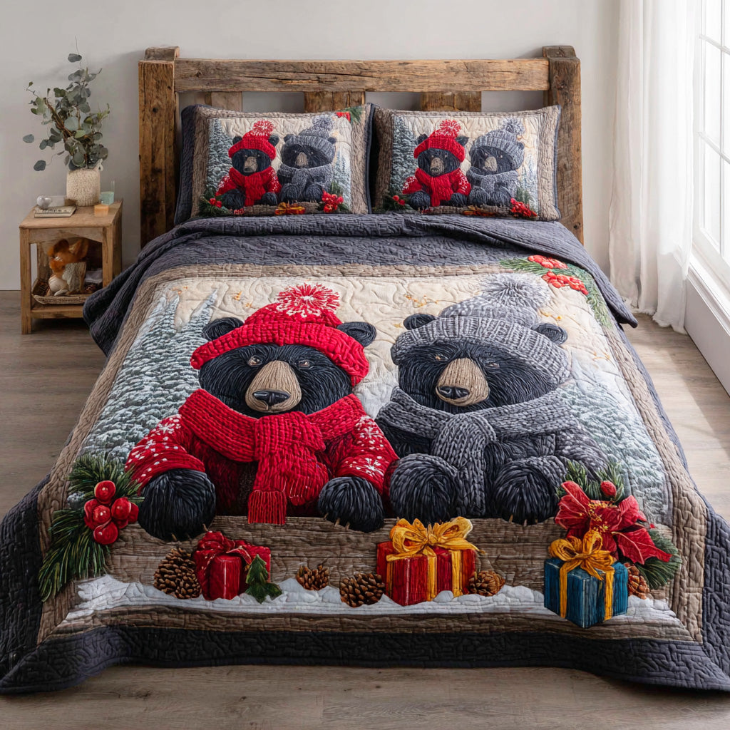 Forest Holiday Bear 3-Piece Quilted Bedding Set - Single (59" x 70")