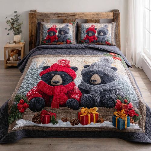 Forest Holiday Bear 3-Piece Quilted Bedding Set - Single (59" x 70")