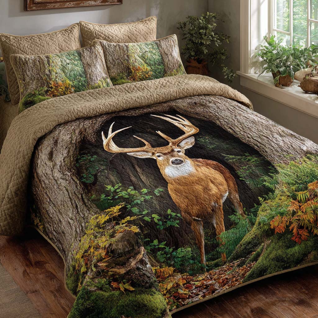 Forest Stag 3-Piece Quilted Bedding Set - Single (59" x 70")