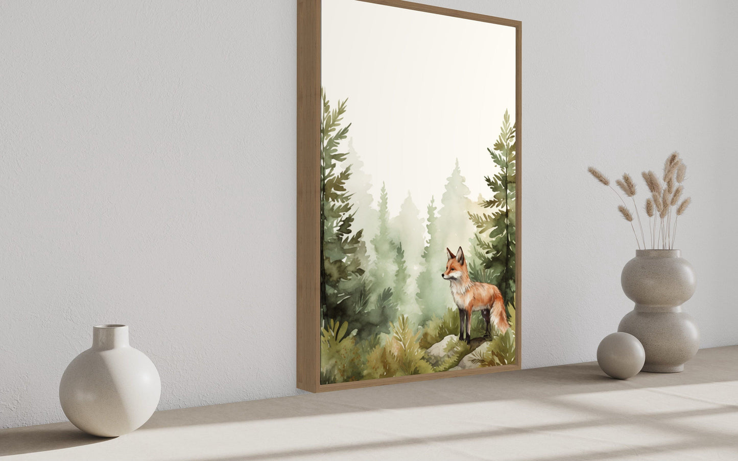 Fox In The Forest Watercolor Framed Canvas Wall Art For Nursery Or Cabin