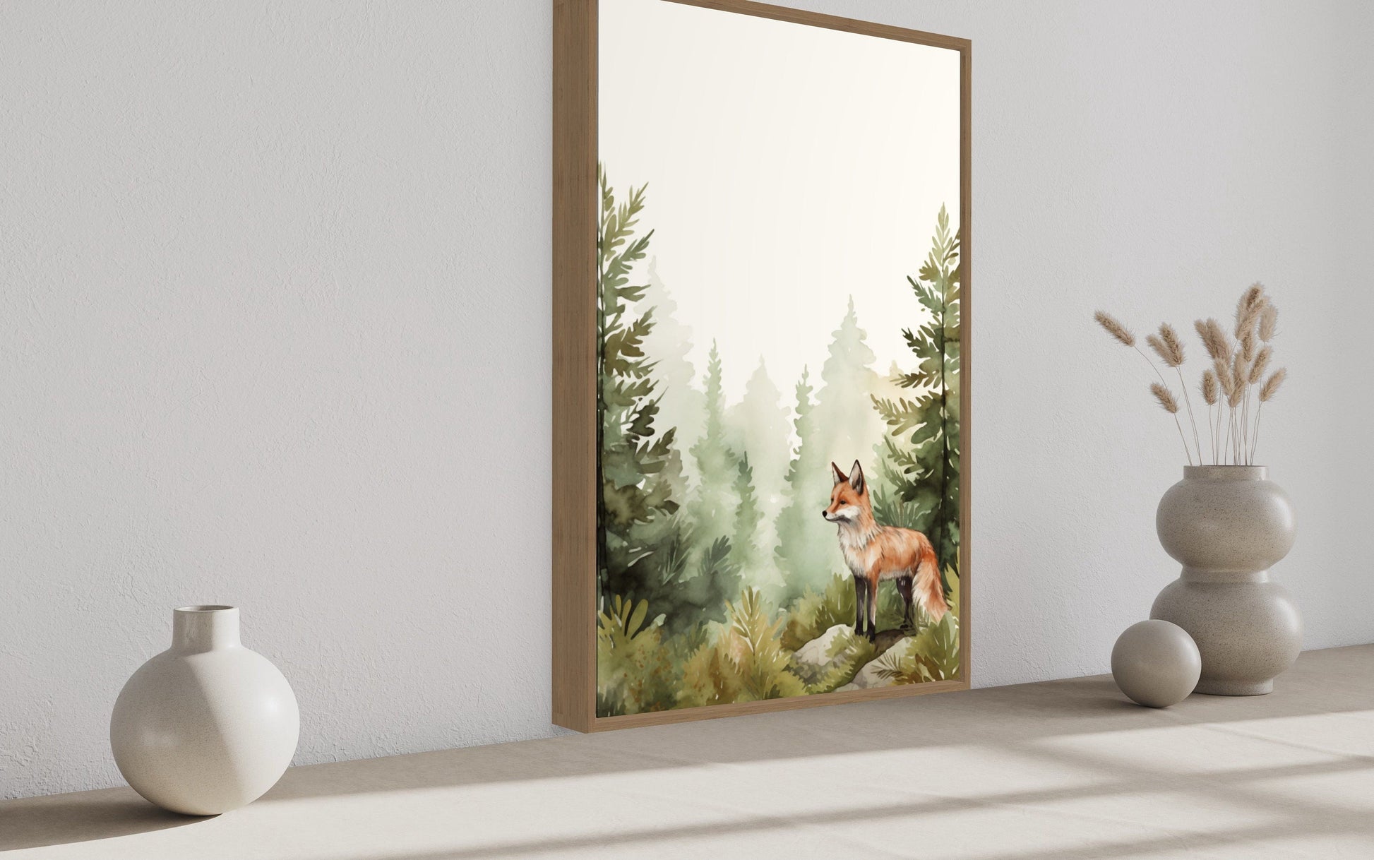Fox In The Forest Watercolor Framed Canvas Wall Art For Nursery Or Cabin