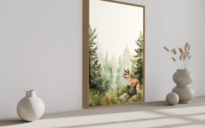Fox In The Forest Watercolor Framed Canvas Wall Art For Nursery Or Cabin