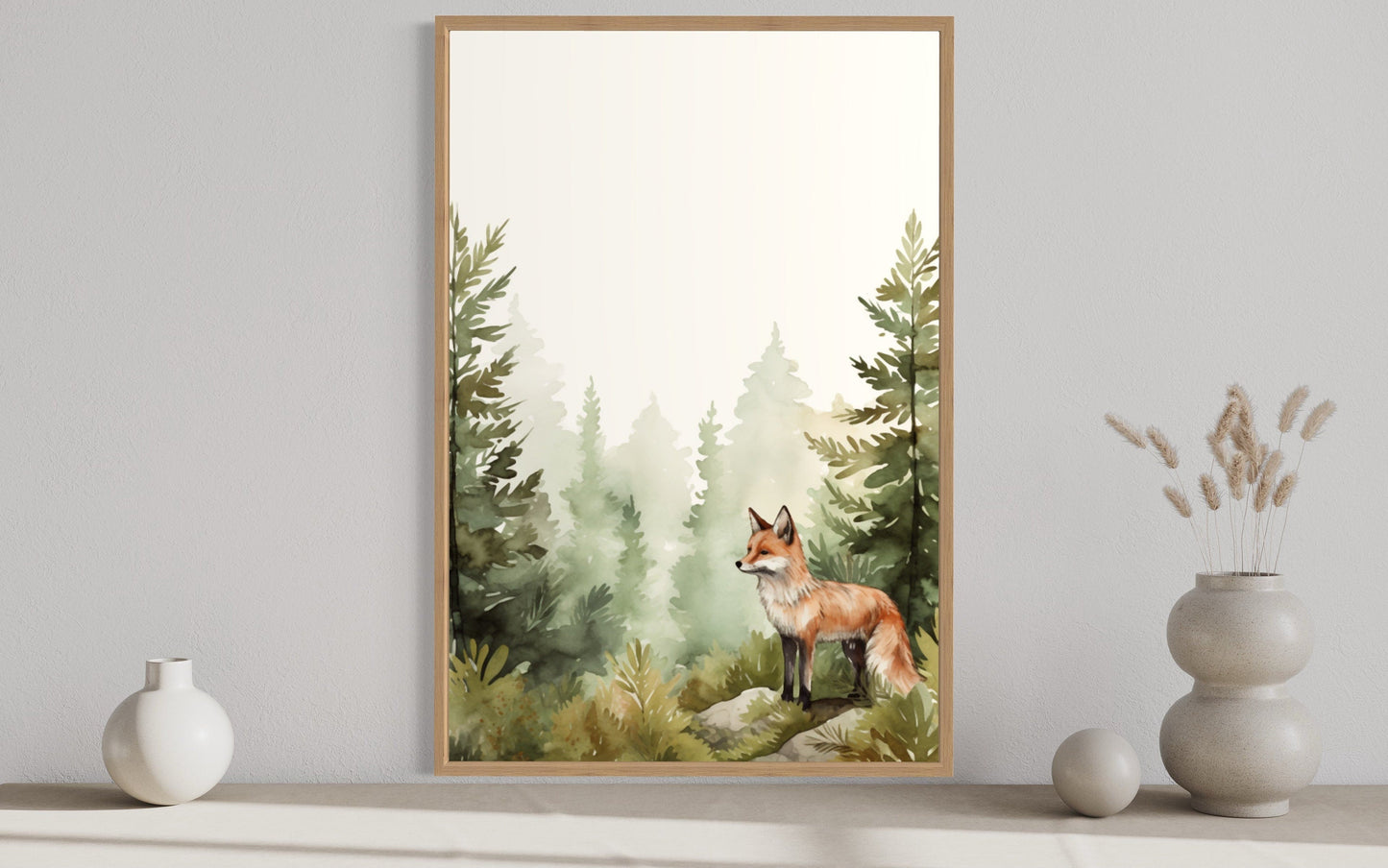 Fox In The Forest Watercolor Framed Canvas Wall Art For Nursery Or Cabin