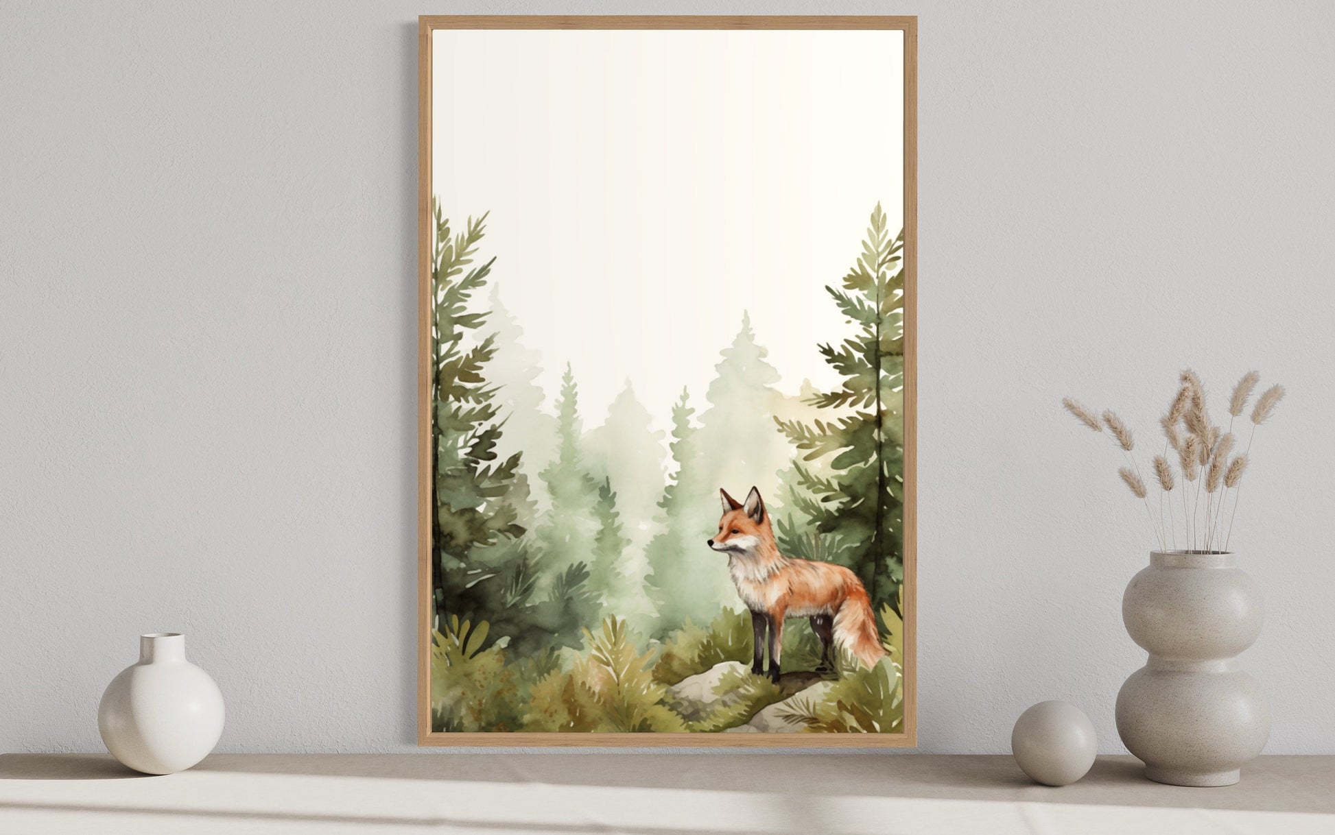 Fox In The Forest Watercolor Framed Canvas Wall Art For Nursery Or Cabin