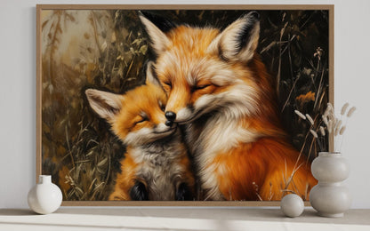 Fox Mama And Baby Hugging Framed Canvas Wall Art