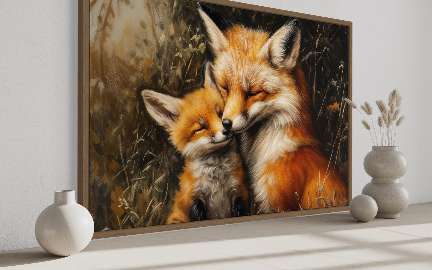 Fox Mama And Baby Hugging Framed Canvas Wall Art