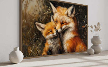 Fox Mama And Baby Hugging Framed Canvas Wall Art